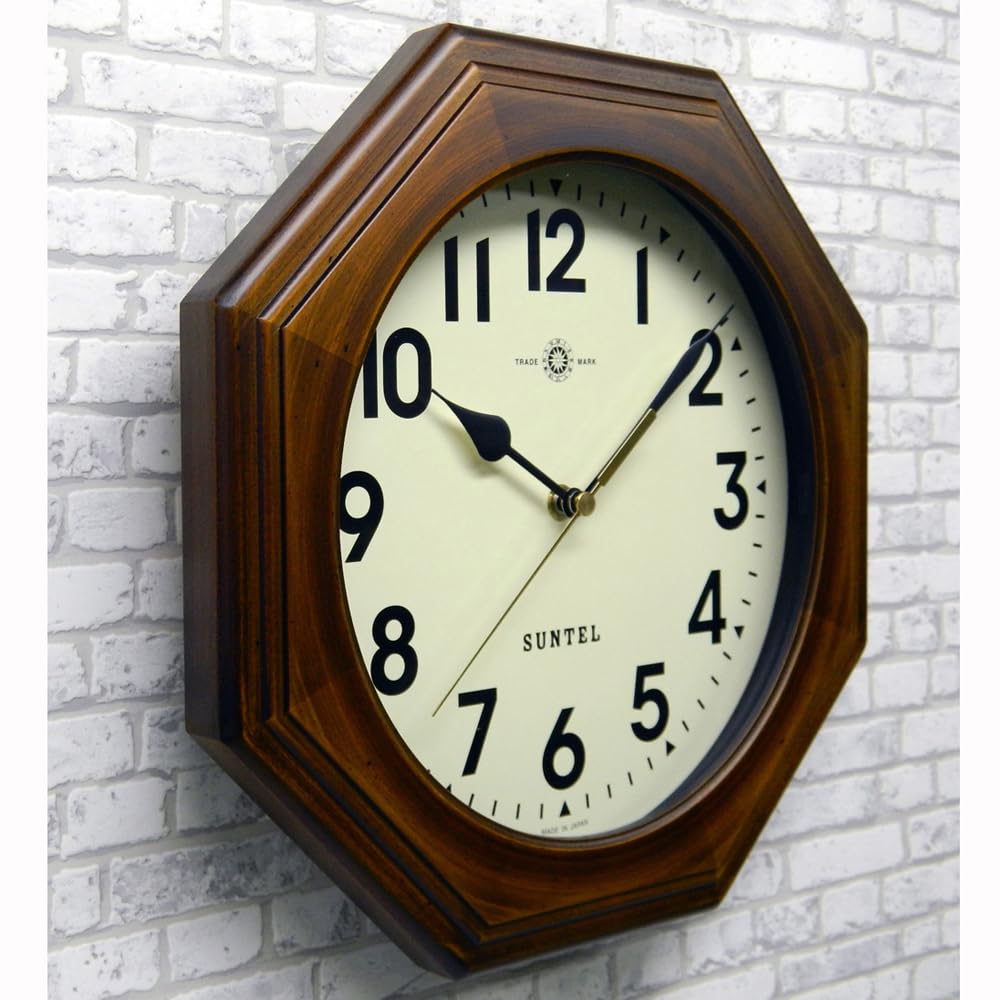Santell Hergestellt in Japan Natürliches Holz Retro Achteckige Funk-Wanduhr (Arabische Buchstaben) Antik Braun DQL712-A