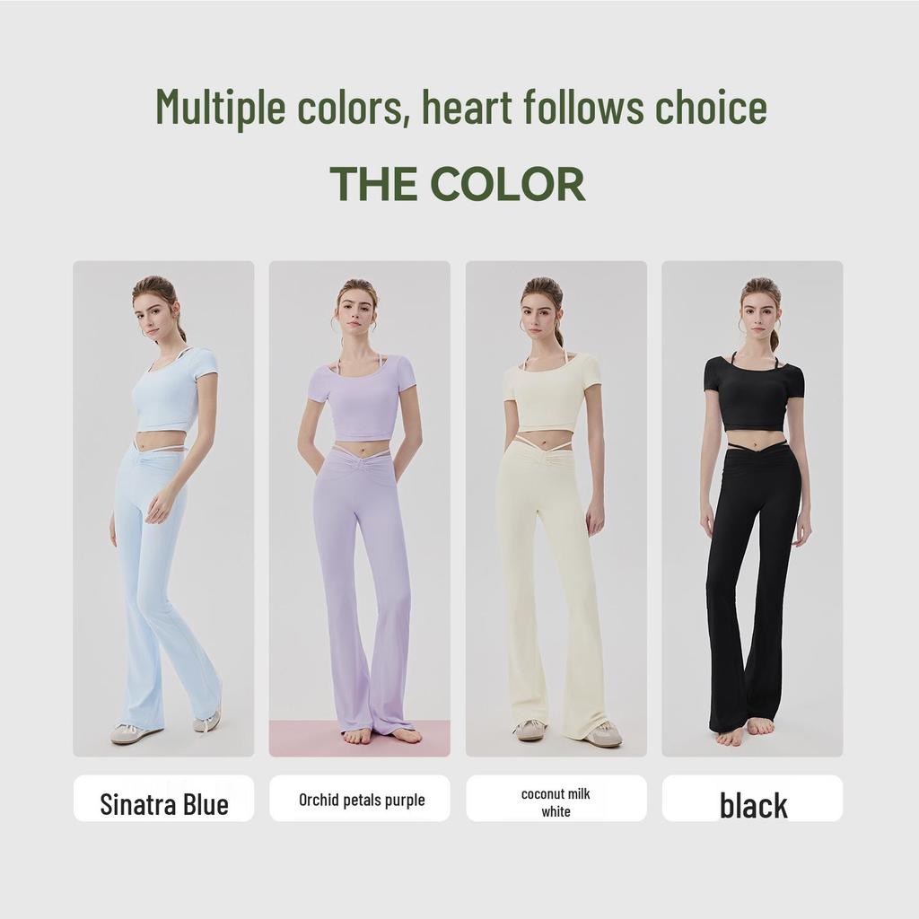 Women's Cooling Yoga Suit: Short Sleeve Top with Built-in Bra & Draping Tie-up Micro Flare Pants Set