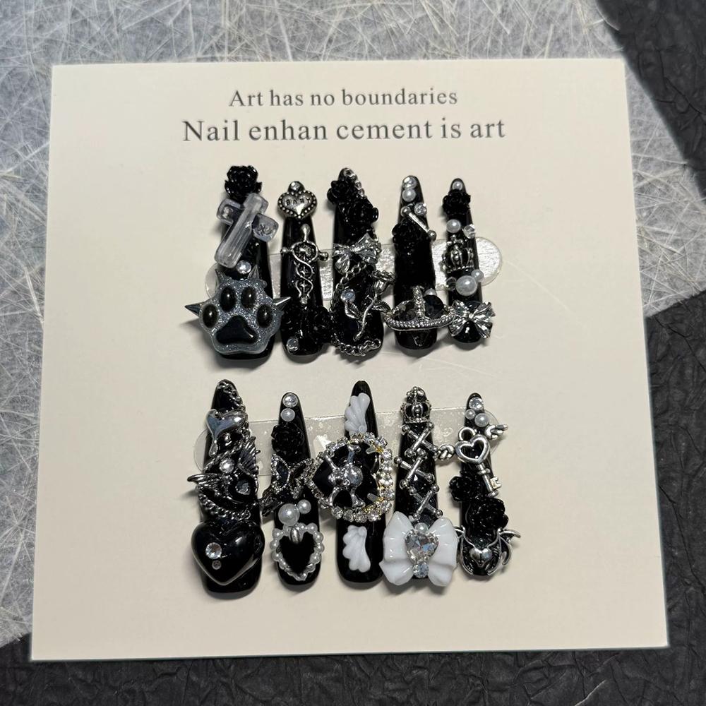 

Dark Punk Style Long Stiletto Handmade Wearable Press On Nails Heavy Metal Butterfly Bow Chain Flower Pearl Diamond False Nails XS-14-10-11-10-8