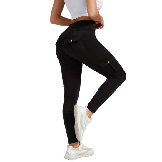 

Женские леггинсы карго с высокой талией и карманами, контроль живота, подтяжка бедер, облегающие брюки для йоги и тренировок, эластичные, для формирования фигуры, узкие брюки S чёрный