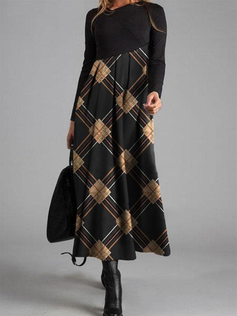Women Color Block Floral Print Long Sleeve Maxi Dress Casual Loose A Line Long Dress S-XXXL