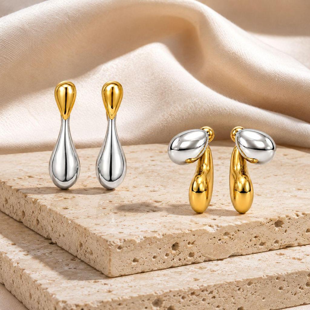 European High-End Two-Tone Stainless Steel Irregular Water Drop Earrings