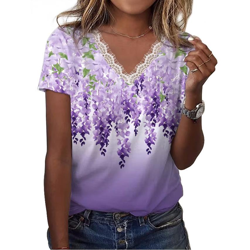 Women's Lace Floral Printed T Shirt V-Neck Short Sleeve Casual Shirts Loose Fashion Blouses Plus Size