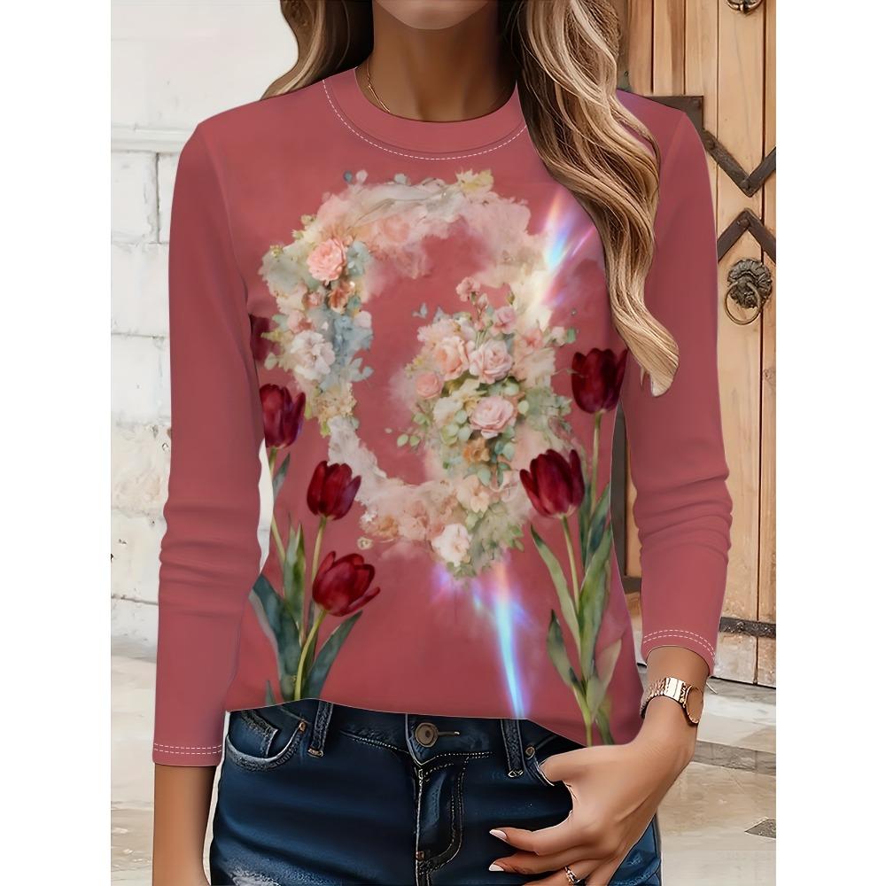 Graphic Print T-shirt, Casual and Fashionable Versatile Long-sleeve Crewneck Casual Top, for Spring and Autumn, Women's Apparel-085 Positioning