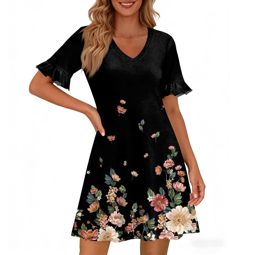 Women A Line Sun Dress Short Sleeve V Neck Printed Dress With Pockets