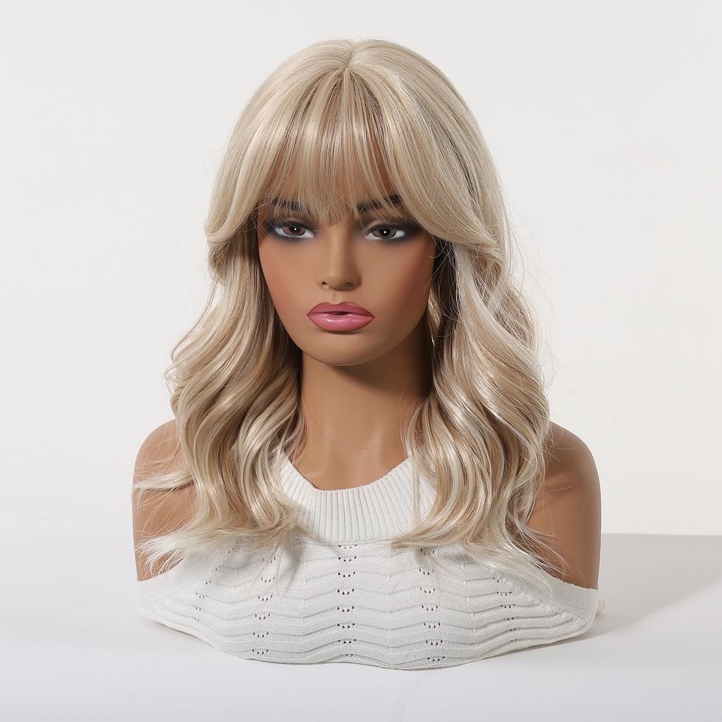 16inch Long Blonde Body Wavy Synthetic Wigs with Bangs for Women Heat Resistant Natural Hairs Wig for Daily Cosplay Party Wear
