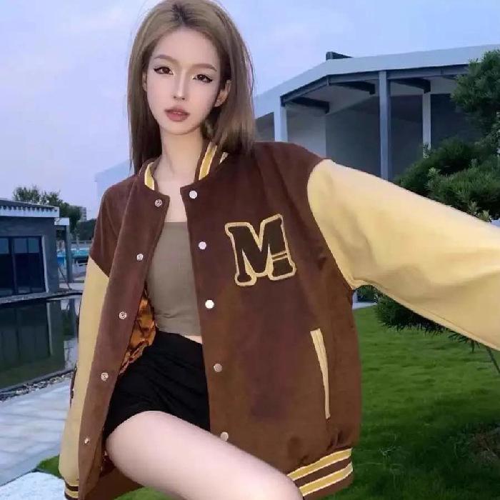 Women s Casual American College Baseball Jacket - Street Style Spring & Summer Outerwear M коричневый