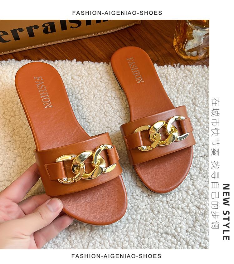 Fashion 2025 New Flat Leopard Women'S Slippers New European American Metal Chain Square Toe Flat Shoes Women'S Sandals Slippers Zapatos