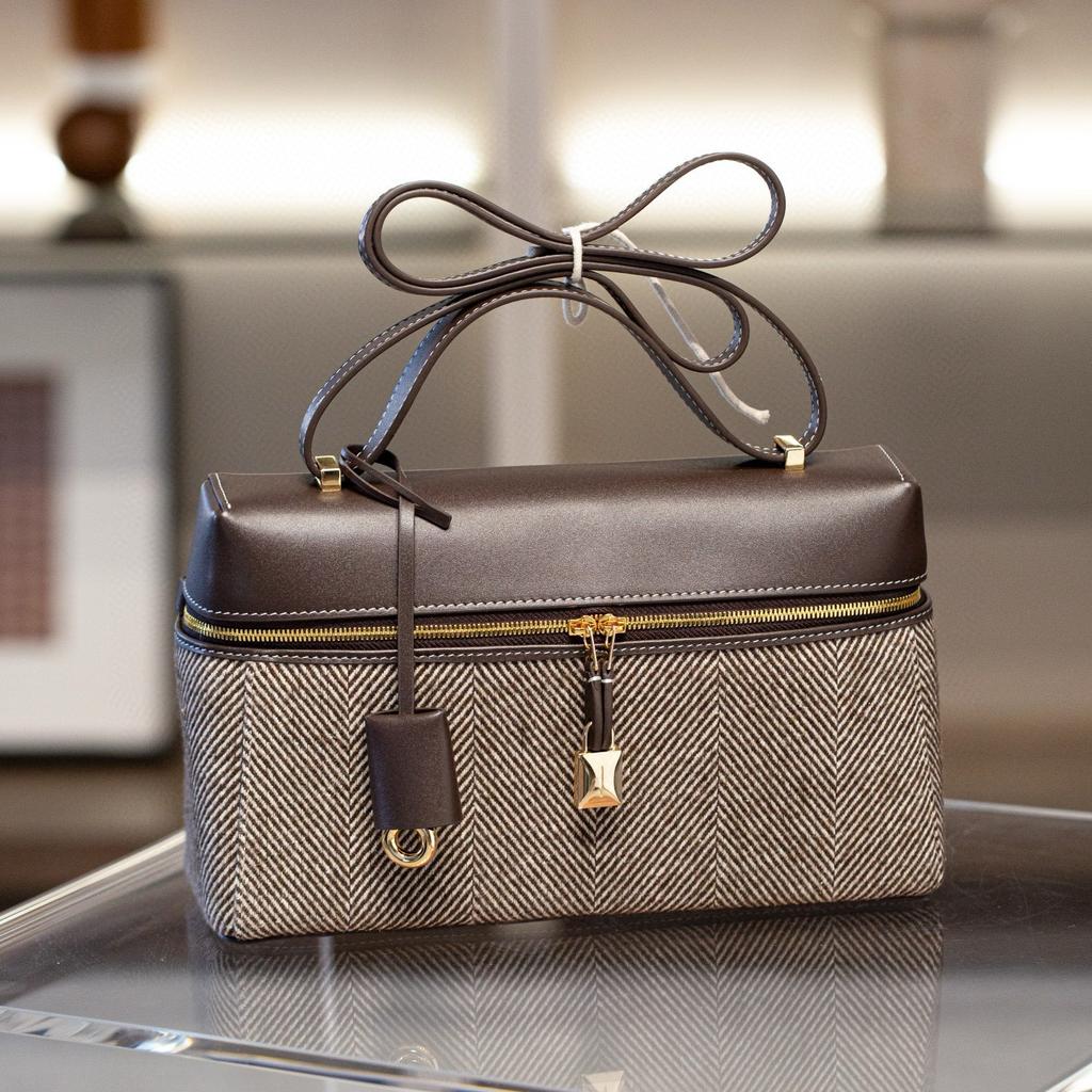 New LP27 Lunch Box Bag, Linen Fetal Cow Pattern Calfskin Box Bag, High-end Single Shoulder Crossbody Handbag, Women's