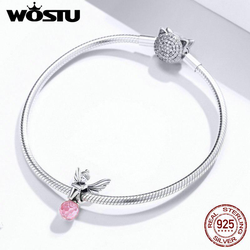 WOSTU Blume Elf Charme 925 Sterling Silber Rosa Zirkon Fee Perle Fit Original Armband Anhänger Geschenk