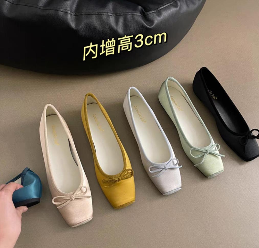 Elegant Woman Silks Bow Flats Fashion Square Toe Shallow Mary Jane Shoes Soft Casual Ballet Shoes for Women Slip On Dress Shoes