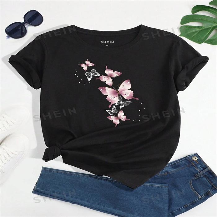 Summer Round Neck Printed Top Fashionable Casual Cute Short Sleeved Women's Pure Cotton T-shirts