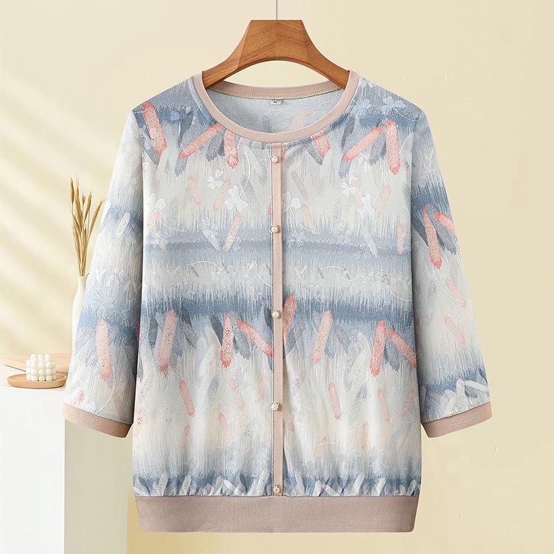 

2026 New Style Women s Casual Seven-Sleeve T-Shirt for Spring/Summer - Middle-Aged and Elderly Round Neck Base Layer Top 4XL синий