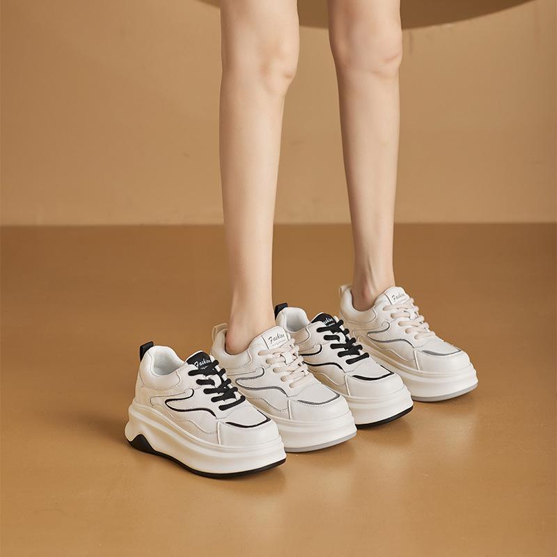 Small Size Authentic Leather Clunky Sneakers Women's Hidden Heel Lace-up White Shoes Color Matching Casual Student Shoes Women