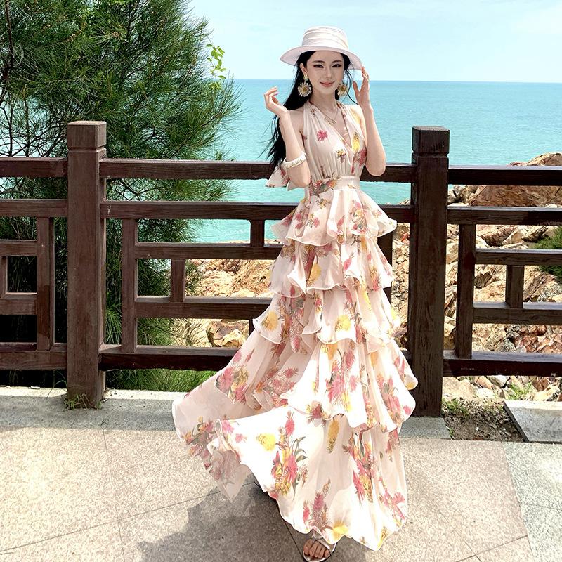 Chiffon Printed Lotus Leaf Edge Pendulum Dress Long Backless Super Fairy Vacation Dress Real Shot