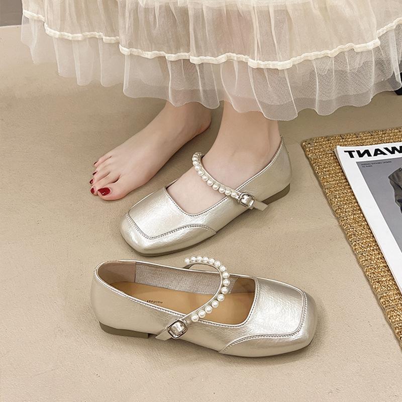 French pearl Mary Jane single shoes women's summer 2025 new soft-soled shallow mouth one-word buckle ballet shoes small leather shoes