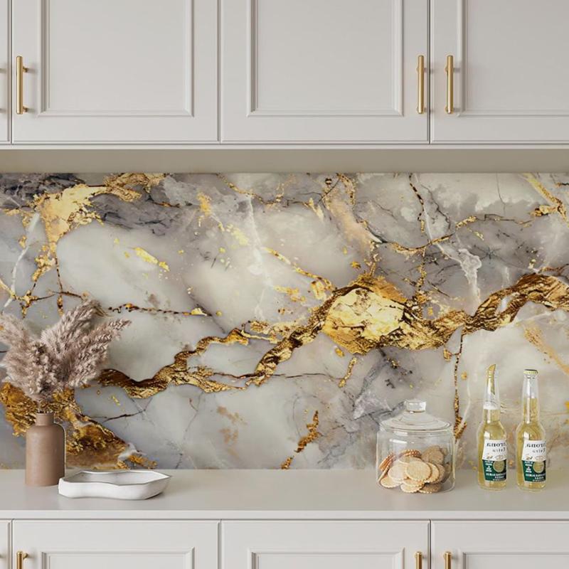 Selbstklebende Ölabweisende Goldene Marmor Wandfolie Wasserdicht Hitzebeständig Einfach zu Installieren Schmutzabweisend Wohnung Küchenaufkleber