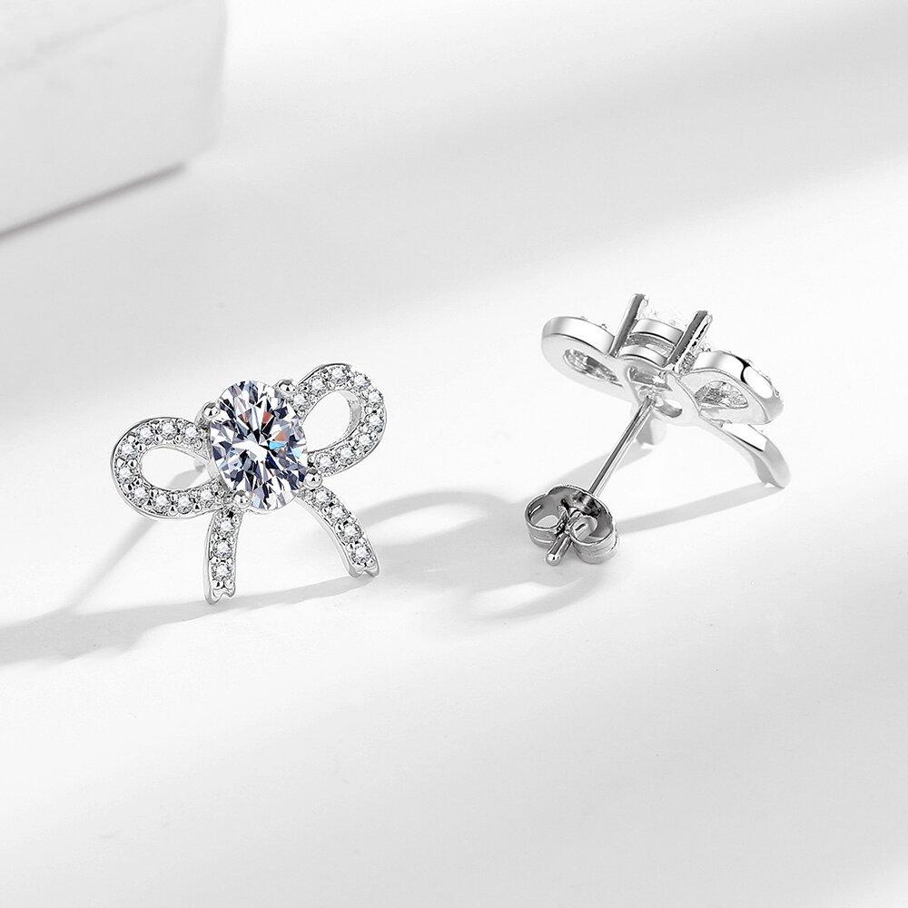 925 Sterling Silver Stylish Sweet Bow Zircon Stud Earrings Birthday Party Anniversary Gift серебряный