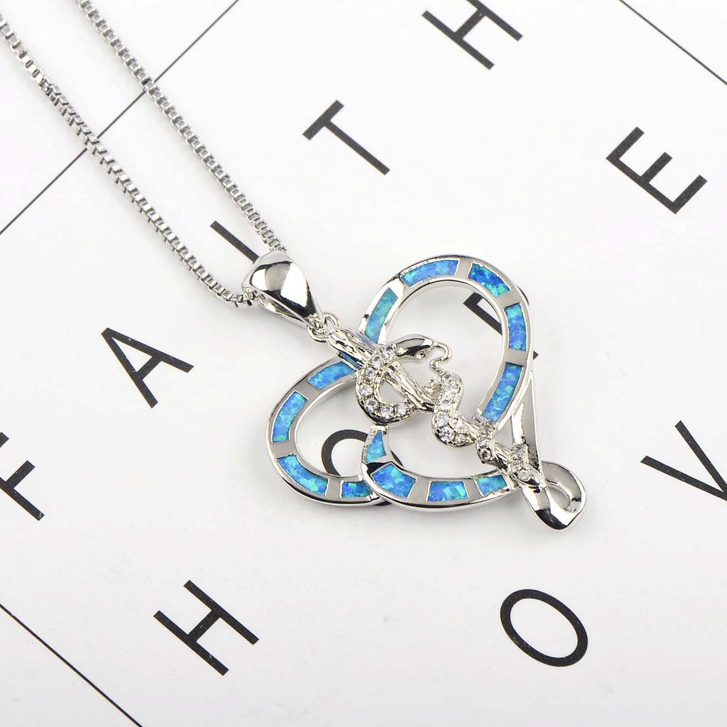 European American Trendy Blue Opal Snake Necklace for Women Hawaiian Style Heart Design Oversized Sweater Chain