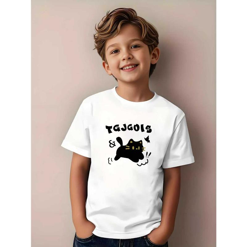 

European sizes Short Sleeve T-Shirt with Kitten Cat Print - Summer Casual Round Neck Tee 164cm