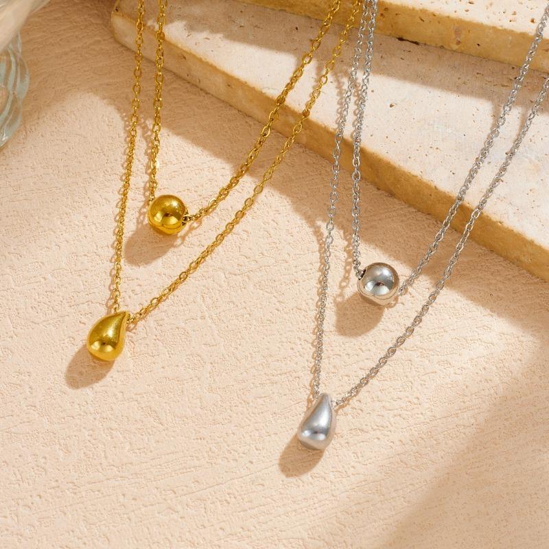 Gold Plated Double Layer Ball Teardrop Necklace, Stainless Steel Minimalist Choker, Waterproof Dainty Jewelry for Women Gift