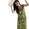 New Chinese sleeveless nightdress women's summer plant flower green cotton silk skirt high-end loungewear national style long skirt thin