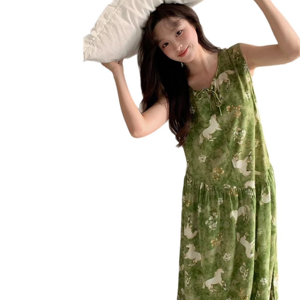 New Chinese sleeveless nightdress women's summer plant flower green cotton silk skirt high-end loungewear national style long skirt thin