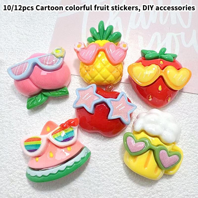 10PCS Resin Kawaii Colorful Cool Glasses Cartoon Strawberry Peach Pineapple Flat Back Stone Scrapbook Figurines DIY Decor Crafts