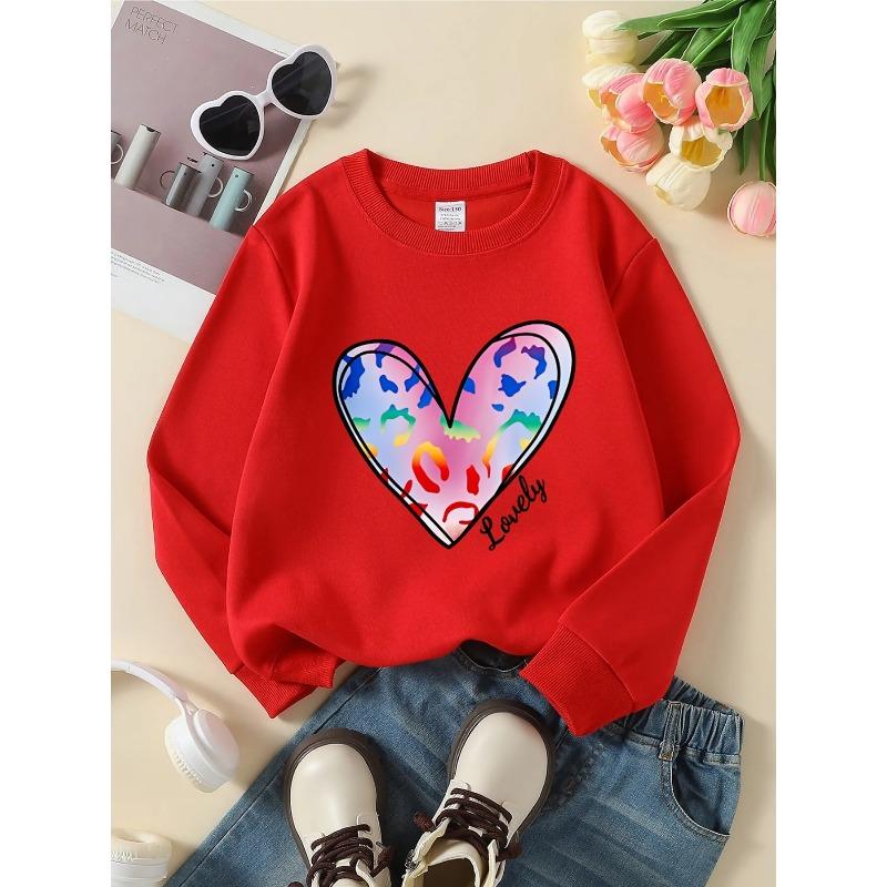 European sizes Crewneck Sweatshirt for Girls with Vibrant Heart and Rainbow Design, for Spring and Autumn, Sports and Casual, Soft Cozy.