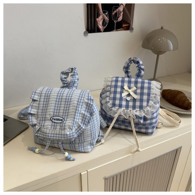 1Pcs Large Capacity Bow Shoulder Bag Multi Functional Korean Style Lace Plaid Backpack Travel Canvas Backpack Book Bag