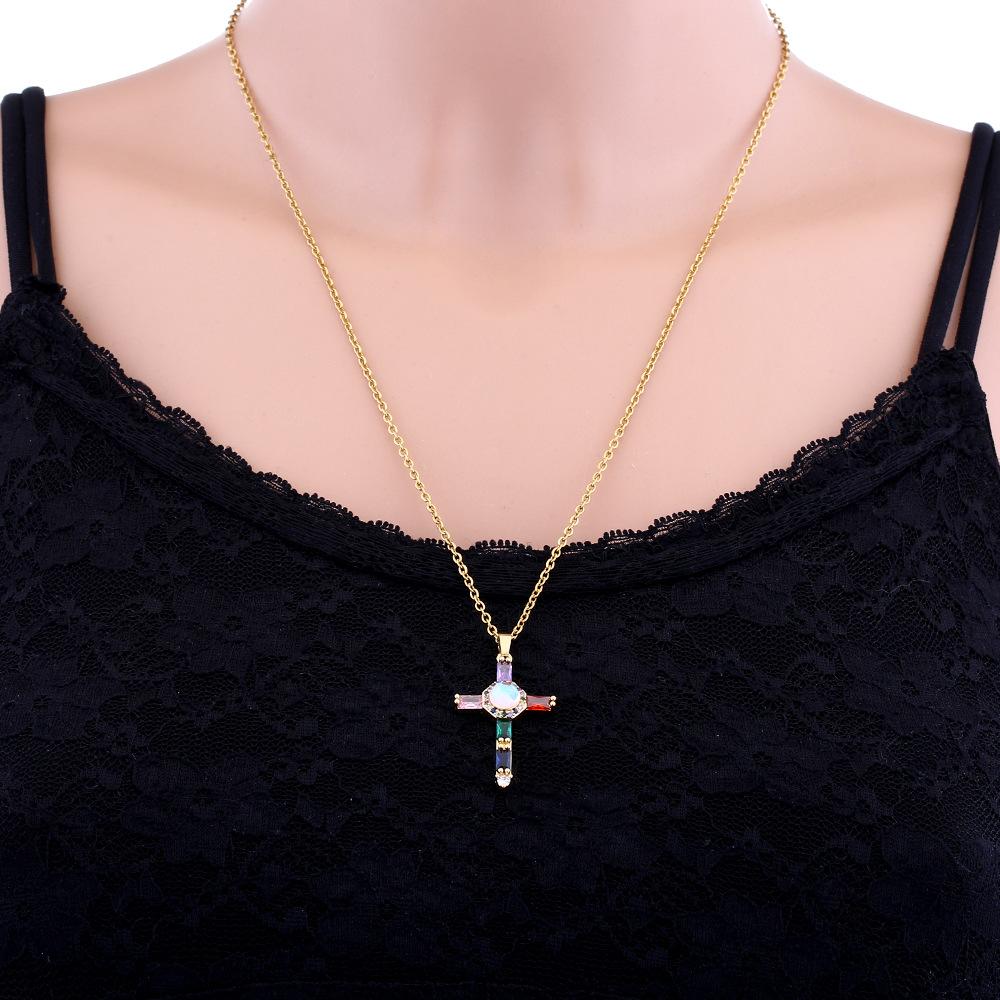 Fashion mixed color zircon cross pendant necklace WOMEN'S simple trendy unique ornament