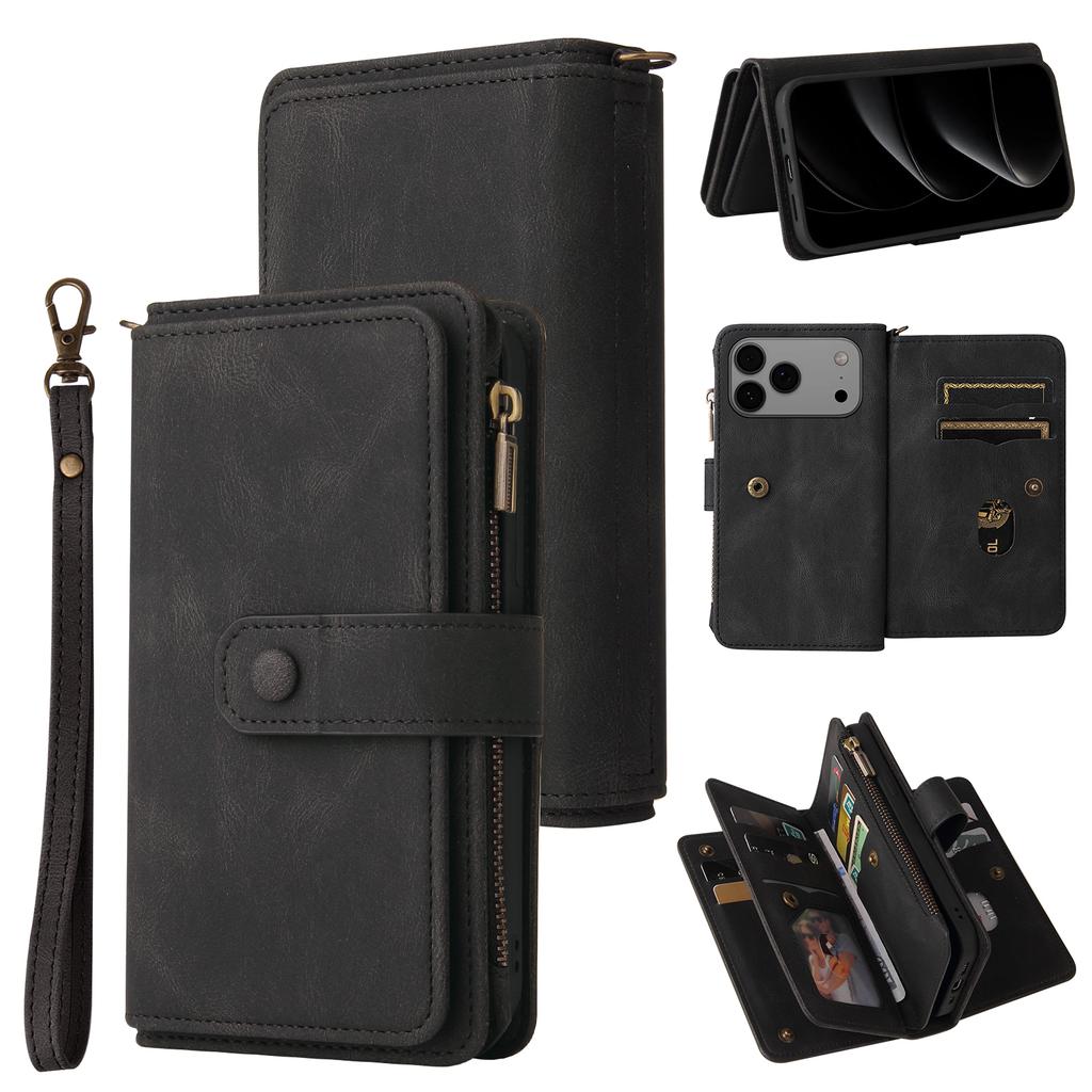 For iPhone 17 Pro Max Zipper Wallet Case with 15 Card Slots and Strap Leather Phone Cover