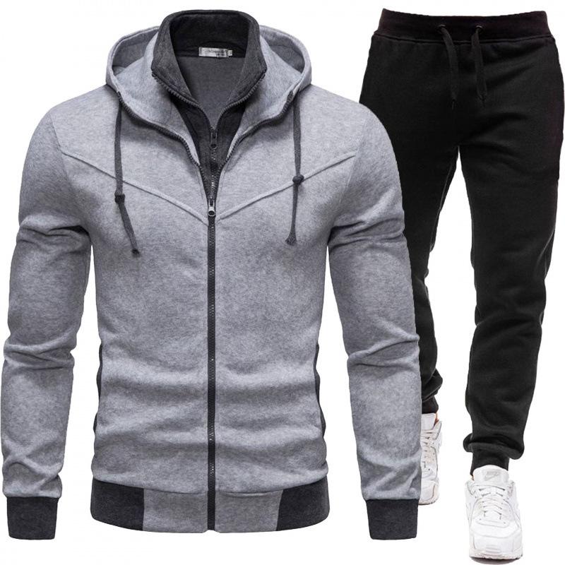 2026 Men's Sporty Patchwork Hooded Jacket and Long Pants Set for Autumn/Winter