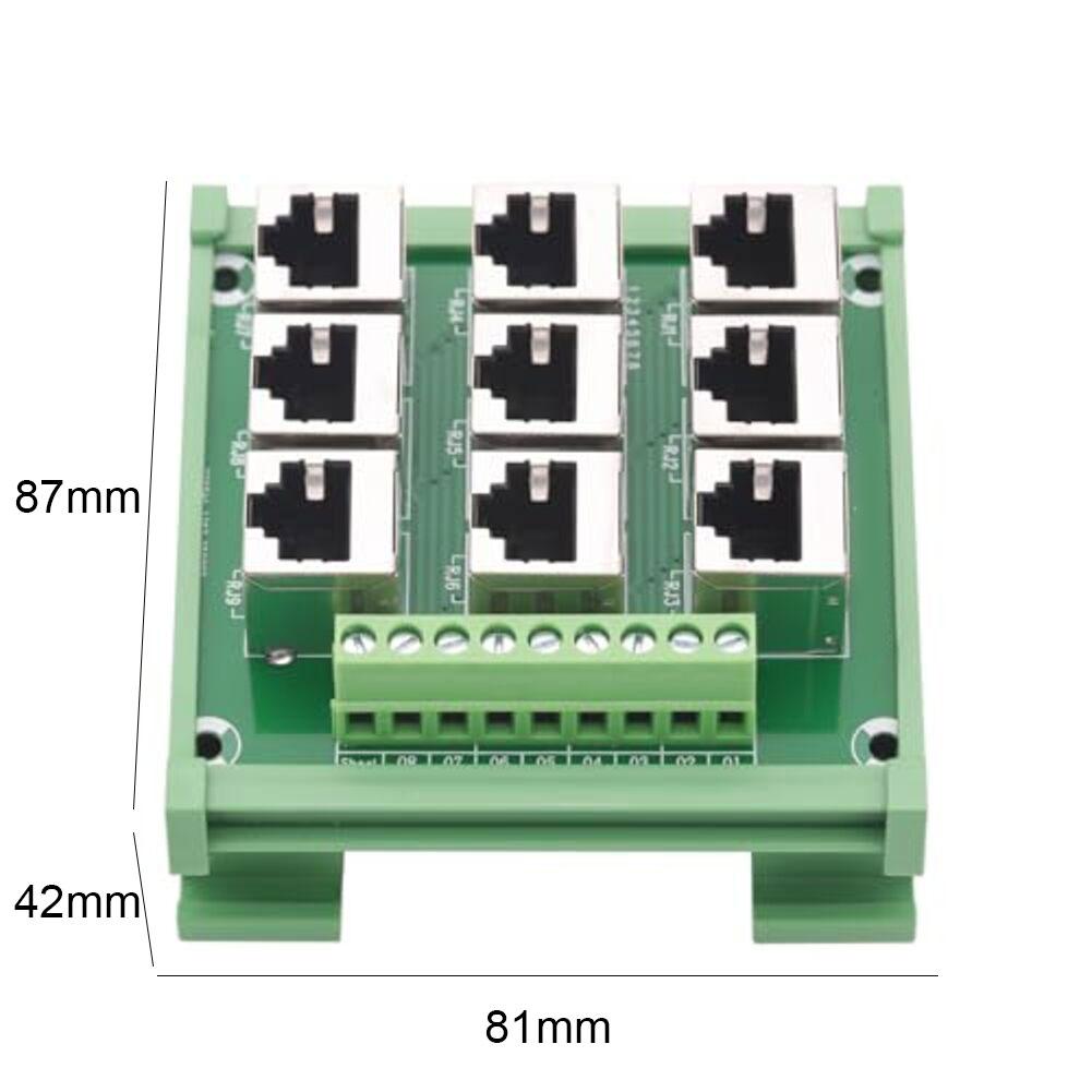 Klemmenblock für RJ45 Ethernet-Port mit 9 Schraubklemmen und kompaktem Design zur DIN-Schienenmontage in Schaltschränken