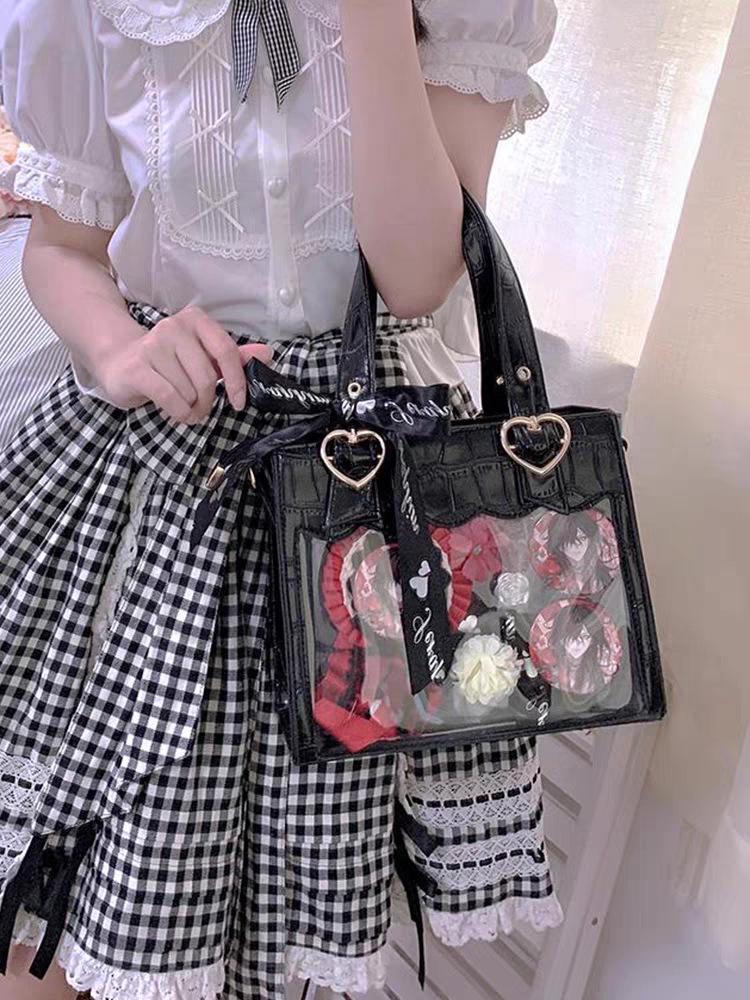 Damen Japanischer Stil Krokodilmuster Herz Ita Bag - Vielseitige Transparente PU Handtasche & Umhängetasche