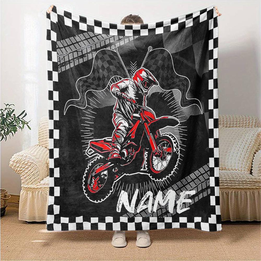 Coperta stampata a tema moto da fuoristrada con nome personalizzato - Perfetta per divano, letto, viaggi e uso all'aperto | Lavabile in lavatrice, accogliente e resistente.