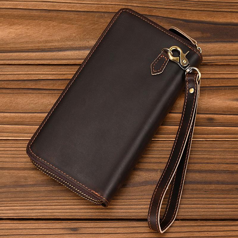 New Fashion Double Layer Leather Long Purse Vintage Cowskin Zipper Wallet With Wristband Men Women Retro Fashion Zip Wallets