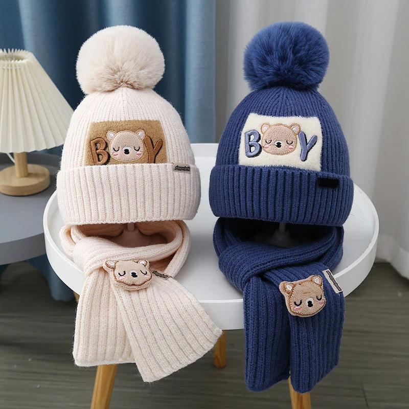 2 pezzi/set berretto sciarpa per bambini carino pompon inverno lana lavorato a maglia caldo berretto bambini ragazzi ragazze cartone animato orso uncinetto berretto sciarpe