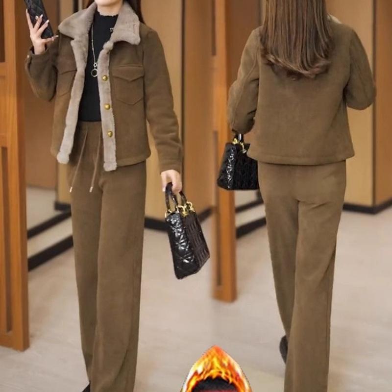 Corduroy Plus Velvet Thickening Suit Women's Autumn and Winter Fashionable Straight Pants Casual Warm Two-piece Set