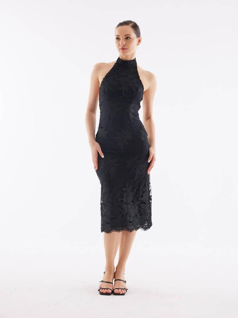Halter Neck Back Detailed Lace Black Midi Dress