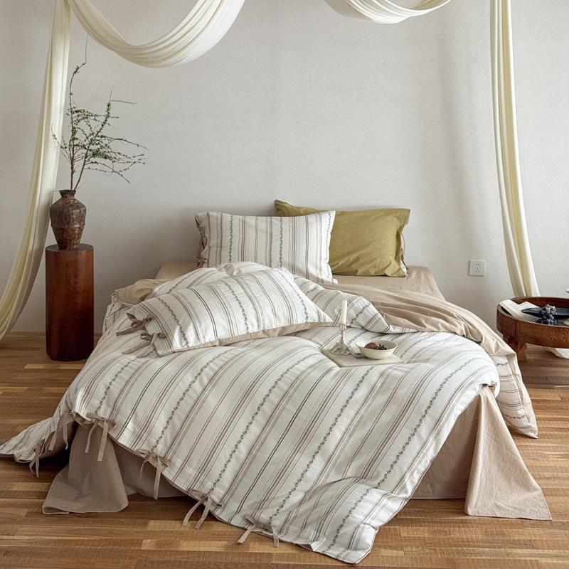 Bed Cotton Four-piece Set Thickened Yarn-dyed Washed Cotton Cut Cotton Strap Quilt Cover Bed Sheet Bedding Bed Hat