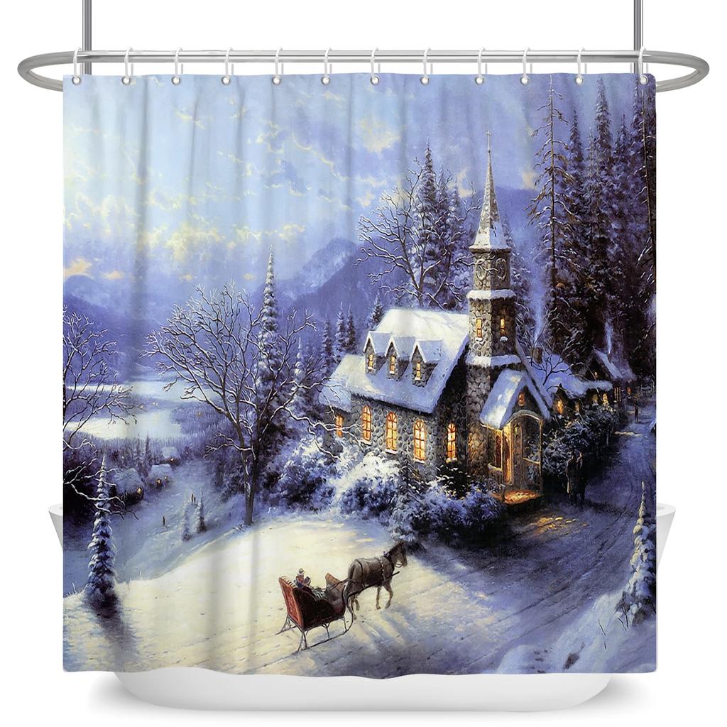 Merry Christmas Snowman Shower Curtains Waterproof Bath Curtain Santa Claus Snowflake for Bathroom Home Decor with Hooks