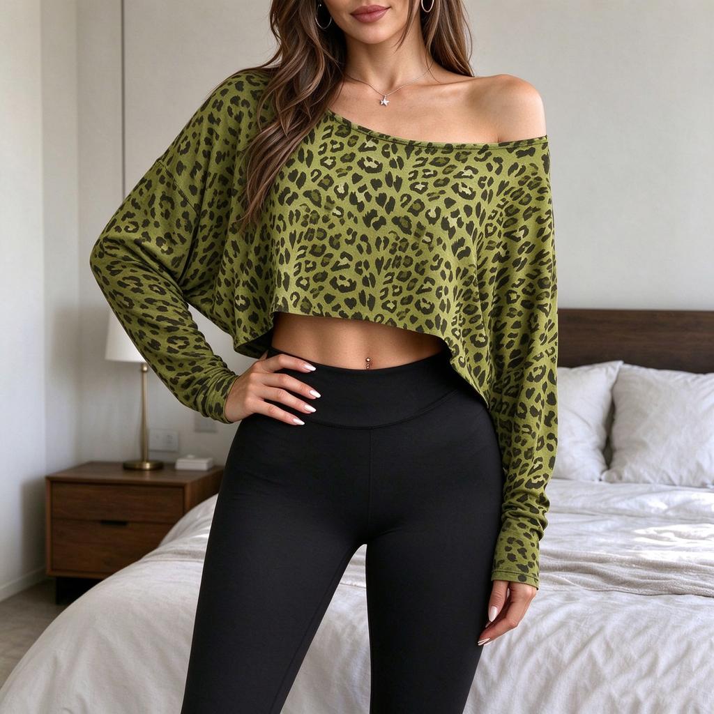 Women's Casual Fashion Off Shoulder Long Sleeve Cropped Top for Everyday Wear and Outings