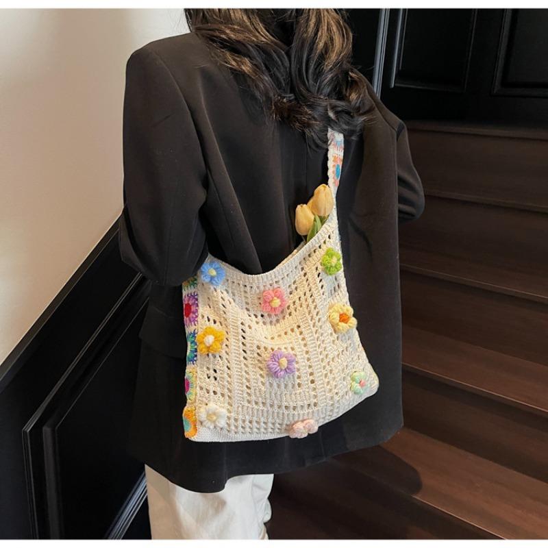

Knitted shoulder bag small flower messenger bag girl small fresh backpack seaside beach bag One Size белый