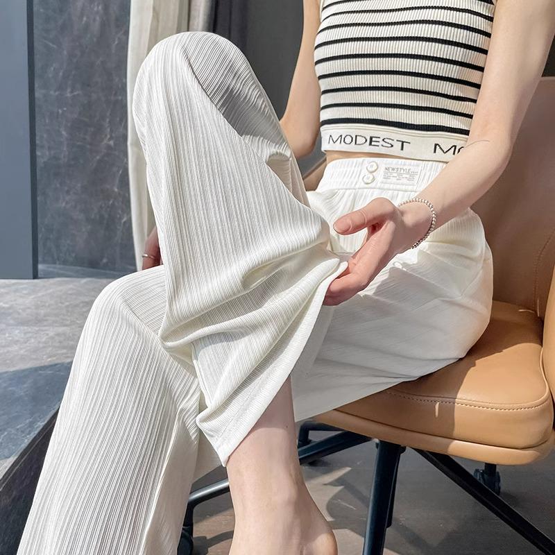 150cm Women's Summer High Waist Ice Silk Wide-Leg Pants - Slim Fit, Straight Leg, Petite 145