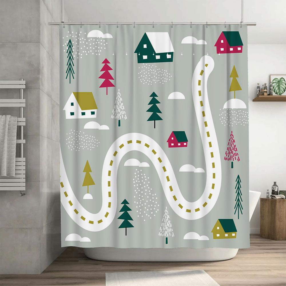 Outdoor Shower Curtain with Cartoon House Trees Road Design for Bathroom Decor Green Yellow Pink White Colors Pattern Waterproof