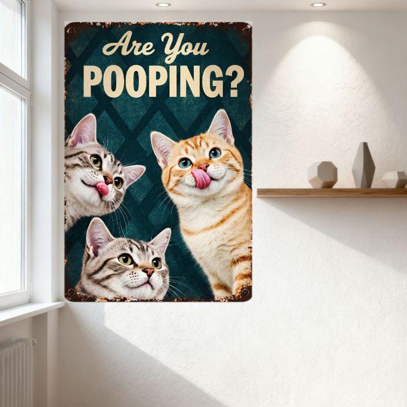 Vintage Crisscross Pattern Metal Sign 'Are You POOPING?' with Cats - Dark Teal Background Rusty Edges Humorous Bathroom Decor Ti