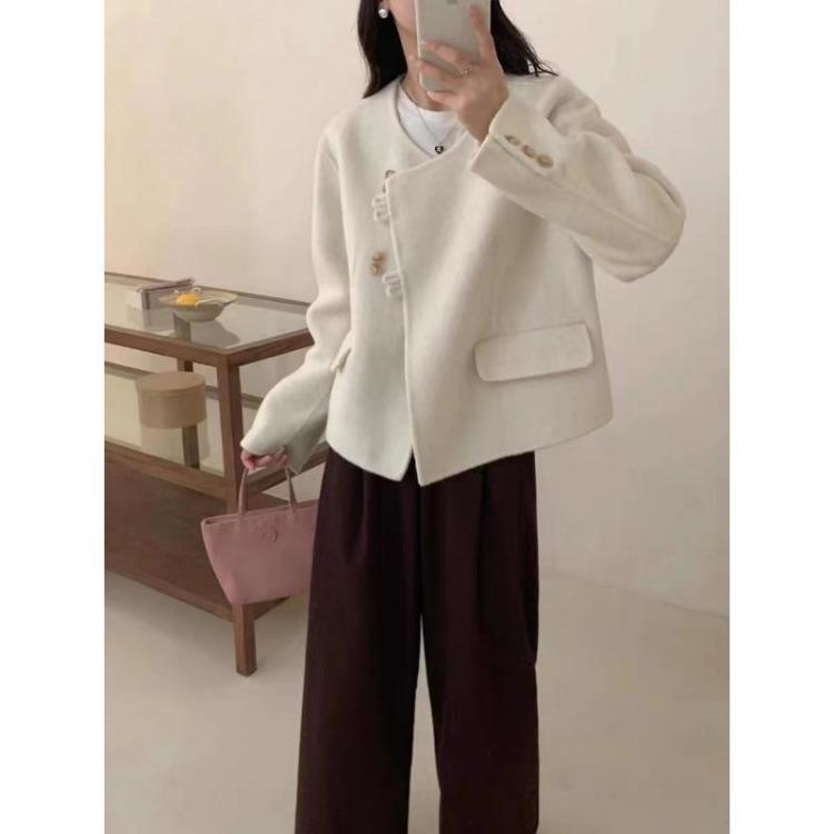 Trendy Women Short Double Sided Wool Coat New Korean Style Round Neck Small S
