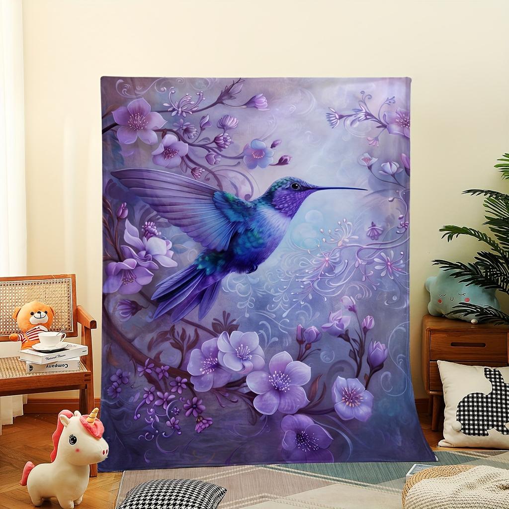 Luxurious Purple Hummingbird & Floral Throw Blanket - Soft Flannel, Reversible, All-Season Comfort - Ideal for Home Decor & Chri