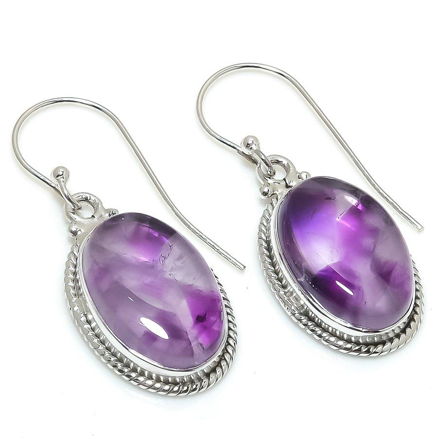 Natural Brazilian Amethyst Gemstone 925 Solid Sterling Silver Earring 1.50" F7D39
